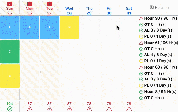 Real-time leave balance calculation during rostering