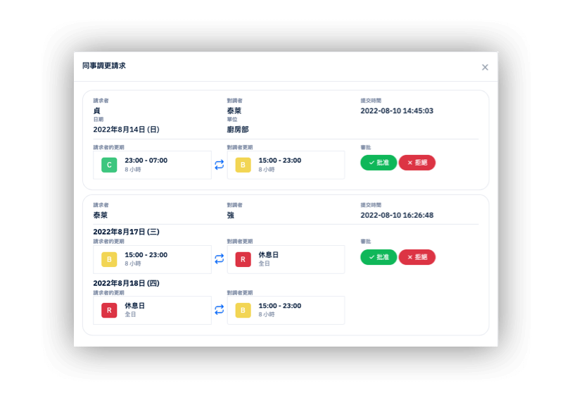 即時審批員工的調更申請