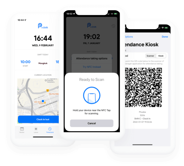 PinShift mobile attendance allows staff to clock in / out with NFC, Bluetooth beacon, Wifi, QR code scanning, GPS etc...
