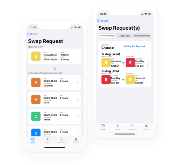 Send swap shift / leave requests to colleagues