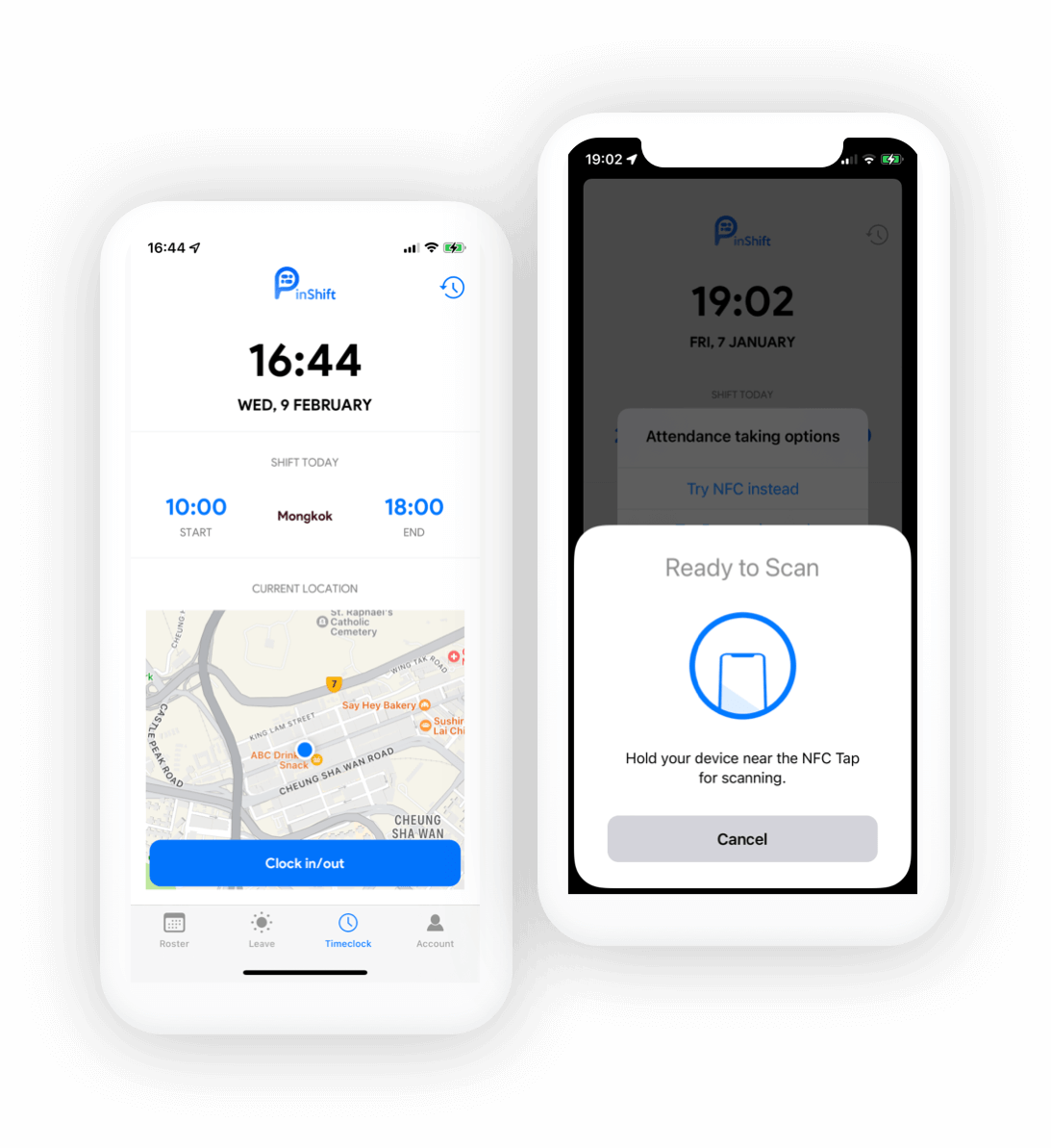 PinShift mobile attendance timeclock, attendance taking mobile apps, NFC / Bluetooth / Dynamic QR code / GPS / Wifi / Facial Recognition